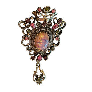 Sarah Coventry Vtg Contessa Brooch or Pendant 1970s Pink Faux Foiled Opal Crown